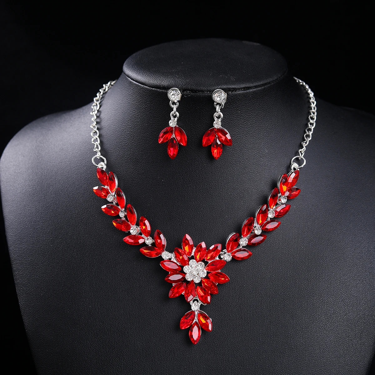 Luxury Blue/Red Sapphire Floral Jewelry Set Wedding Bridal Necklace & Drop Earrings