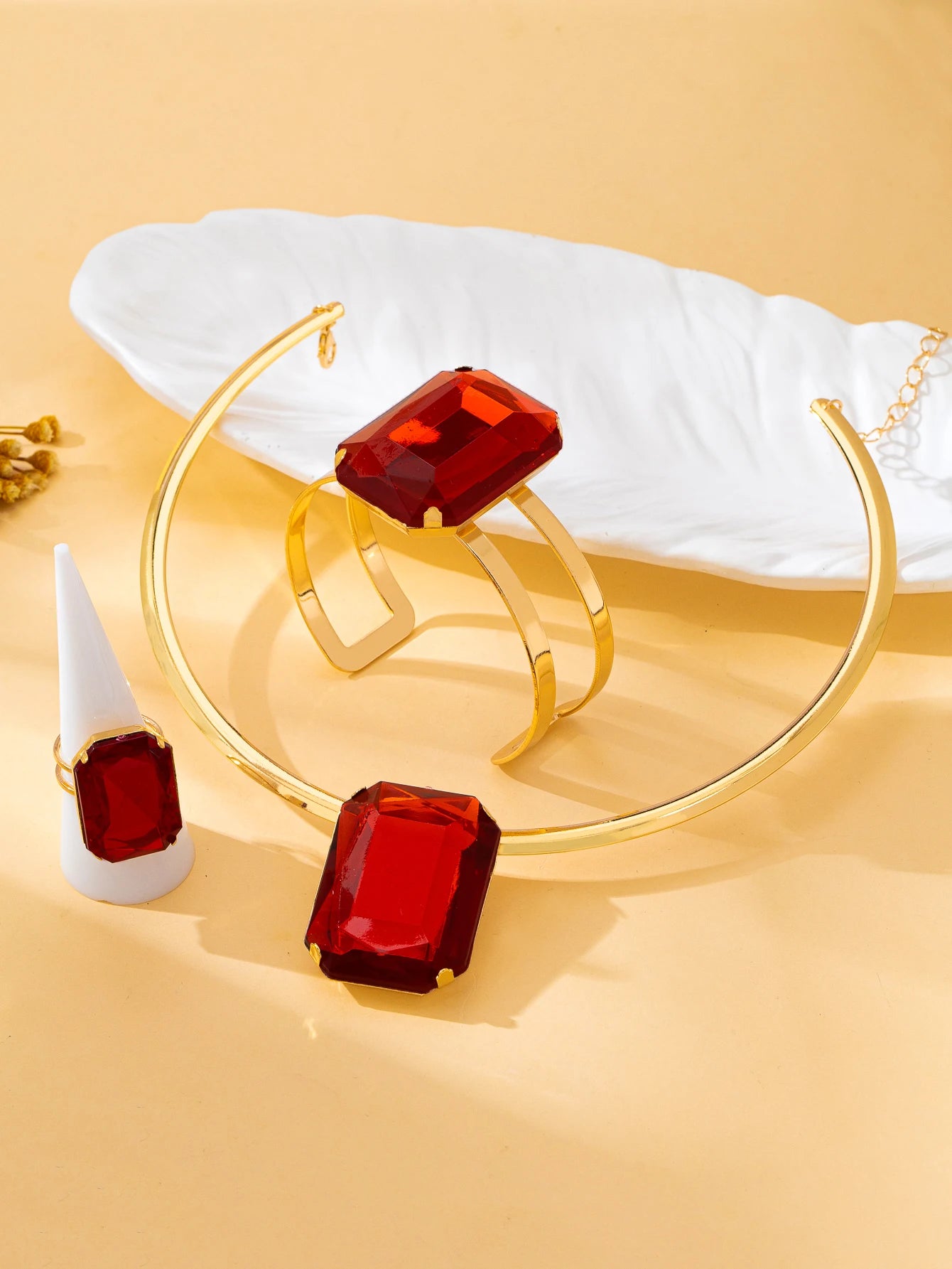 Luxury Red Gemstone Jewelry Set – Necklace, Bracelet & Ring | Elegant 3-Piece Women's Gift Set