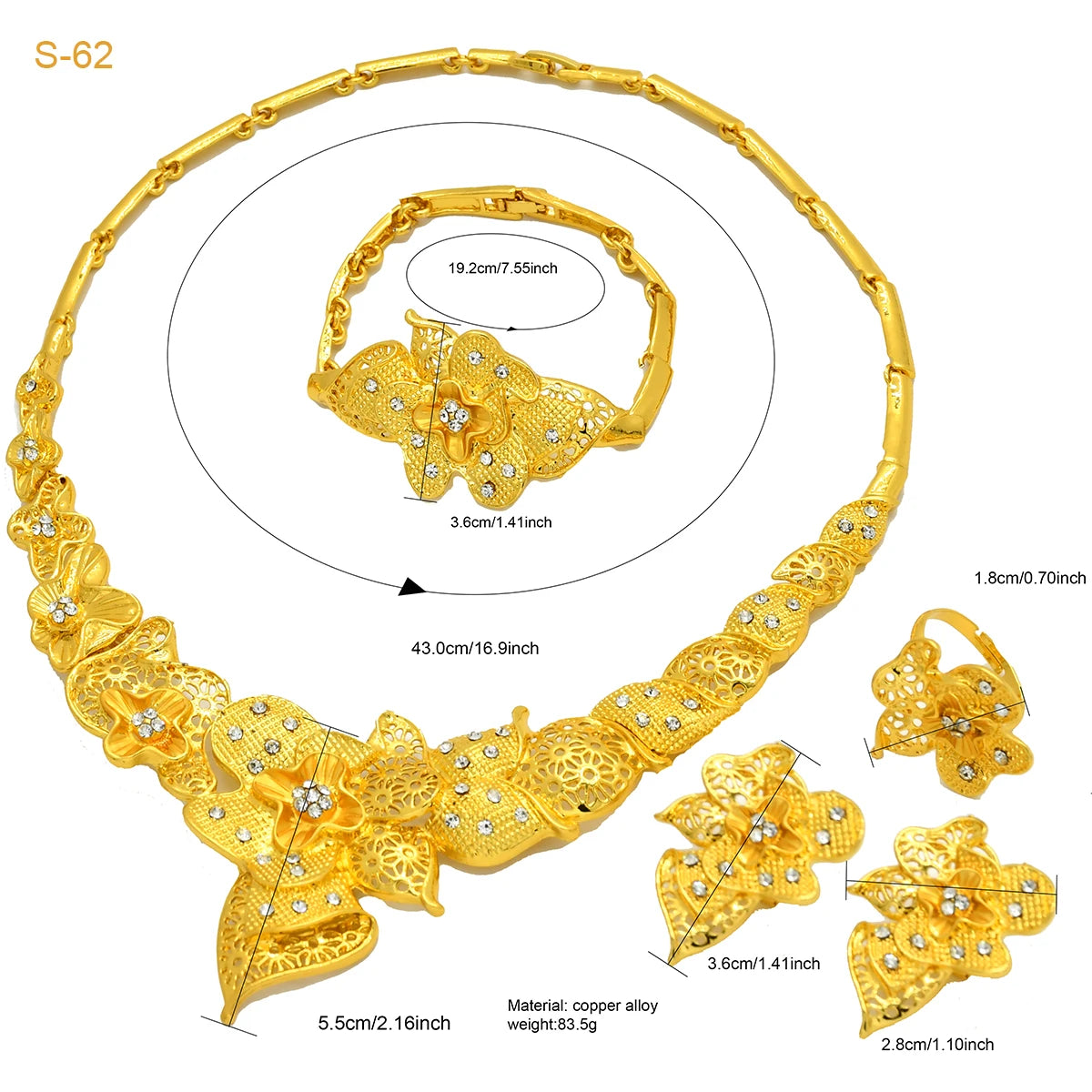 Luxury Indian Bridal Jewelry Set – 24K Gold Color Ethiopian Dubai Necklace & Earrings for Women