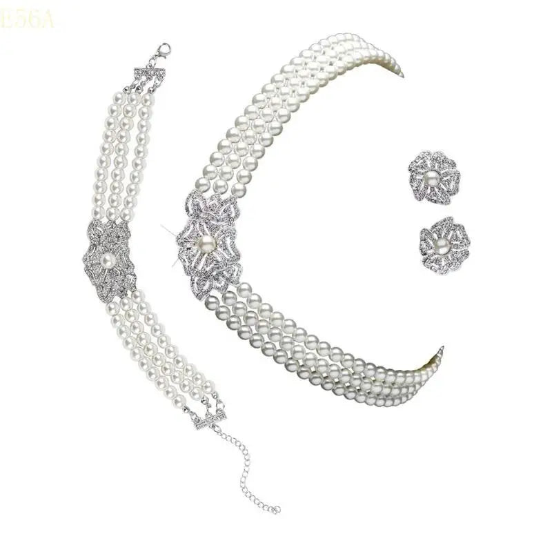 Luxury Pearl & Crystal Jewelry Set – Necklace, Bracelet & Earrings for Women | Elegant Wedding & Bridal Gift