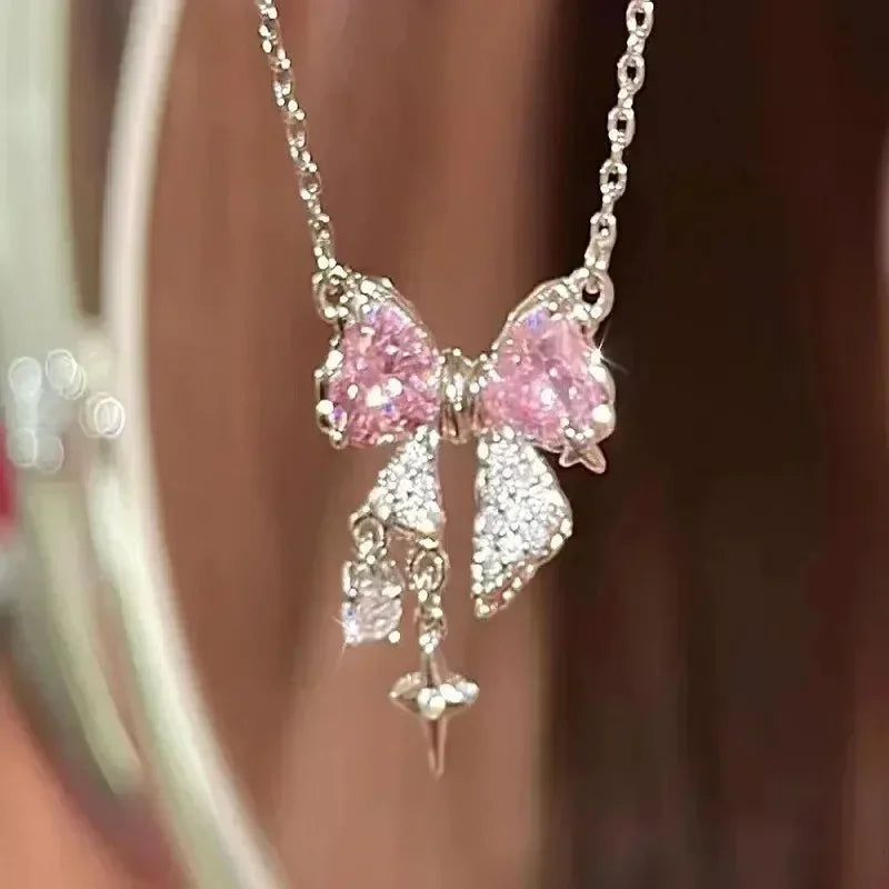 Pink Crystal Bow Necklace & Ring Set – Elegant Bowknot Jewelry Gift for Women