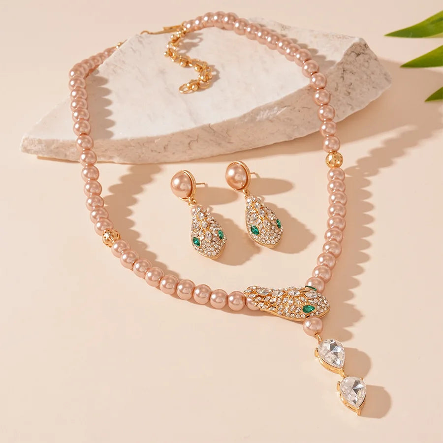 Luxury Rhinestone & Imitation Pearl Jewelry Set – Snake Chain Necklace & Drop Earrings for Women
