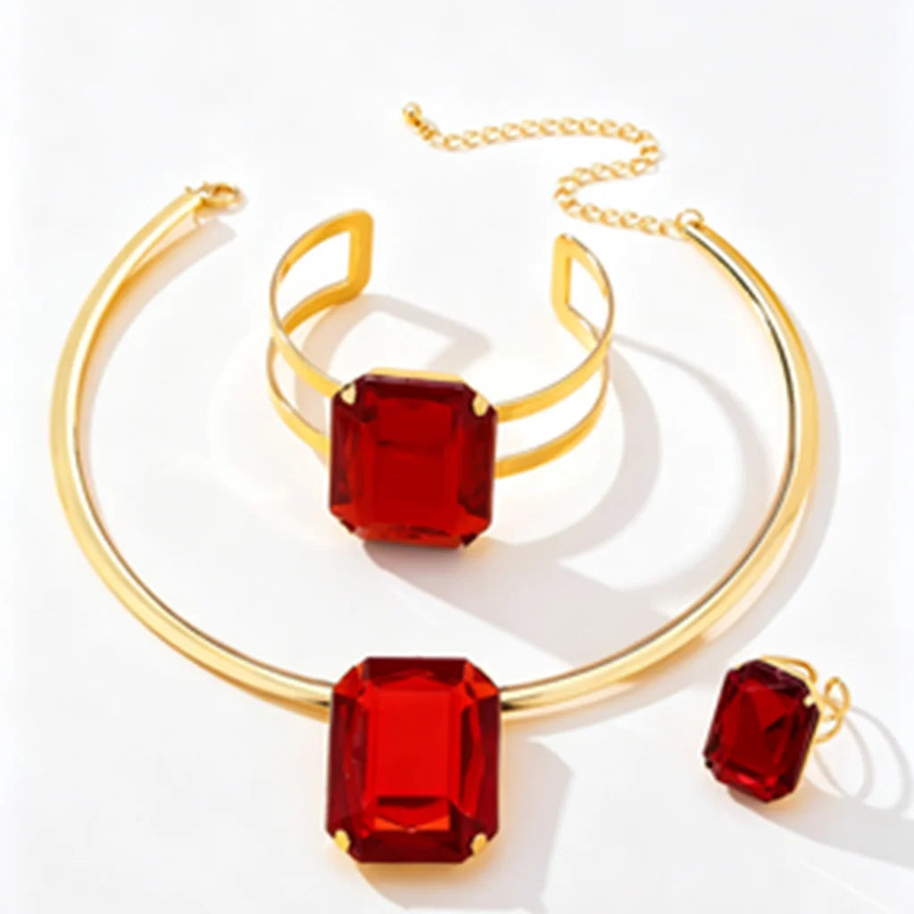 Luxury Red Gemstone Jewelry Set – Necklace, Bracelet & Ring | Elegant 3-Piece Women's Gift Set