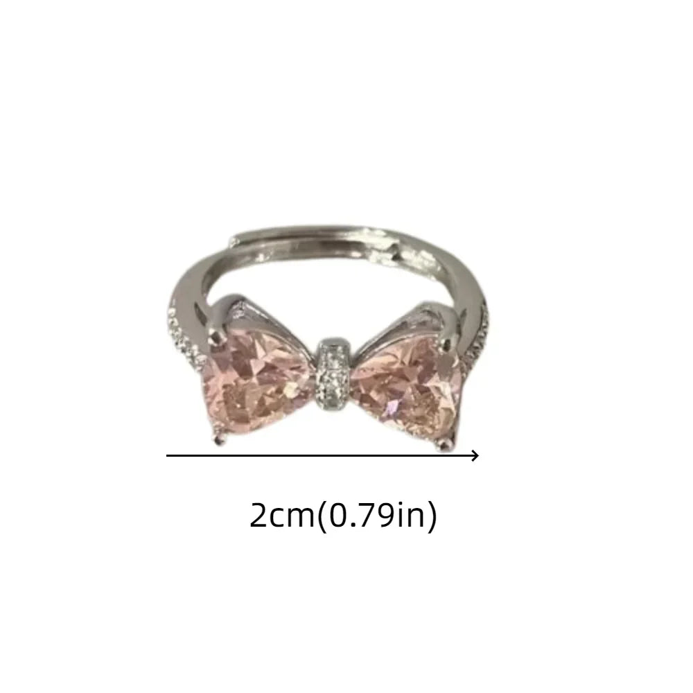 Pink Crystal Bow Necklace & Ring Set – Elegant Bowknot Jewelry Gift for Women