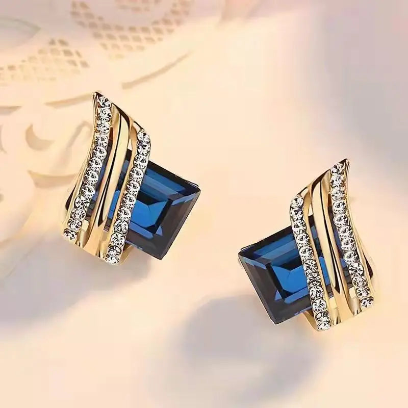Luxury four Colors Red, Green, Black, Blue Geometric Crystal Drop Earrings for Women | Gold-Tone Statement Jewelry
