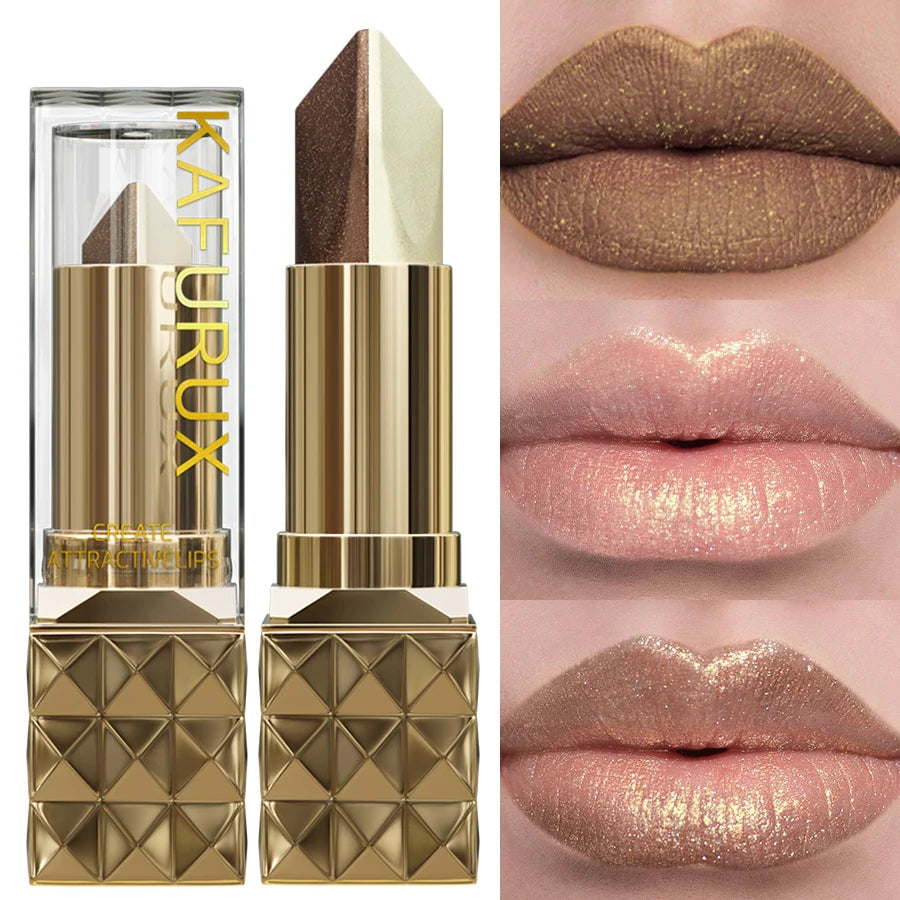 Two-Tone Glitter Metallic Lipstick – Pearl Shine, Long-Lasting & Moisturizing