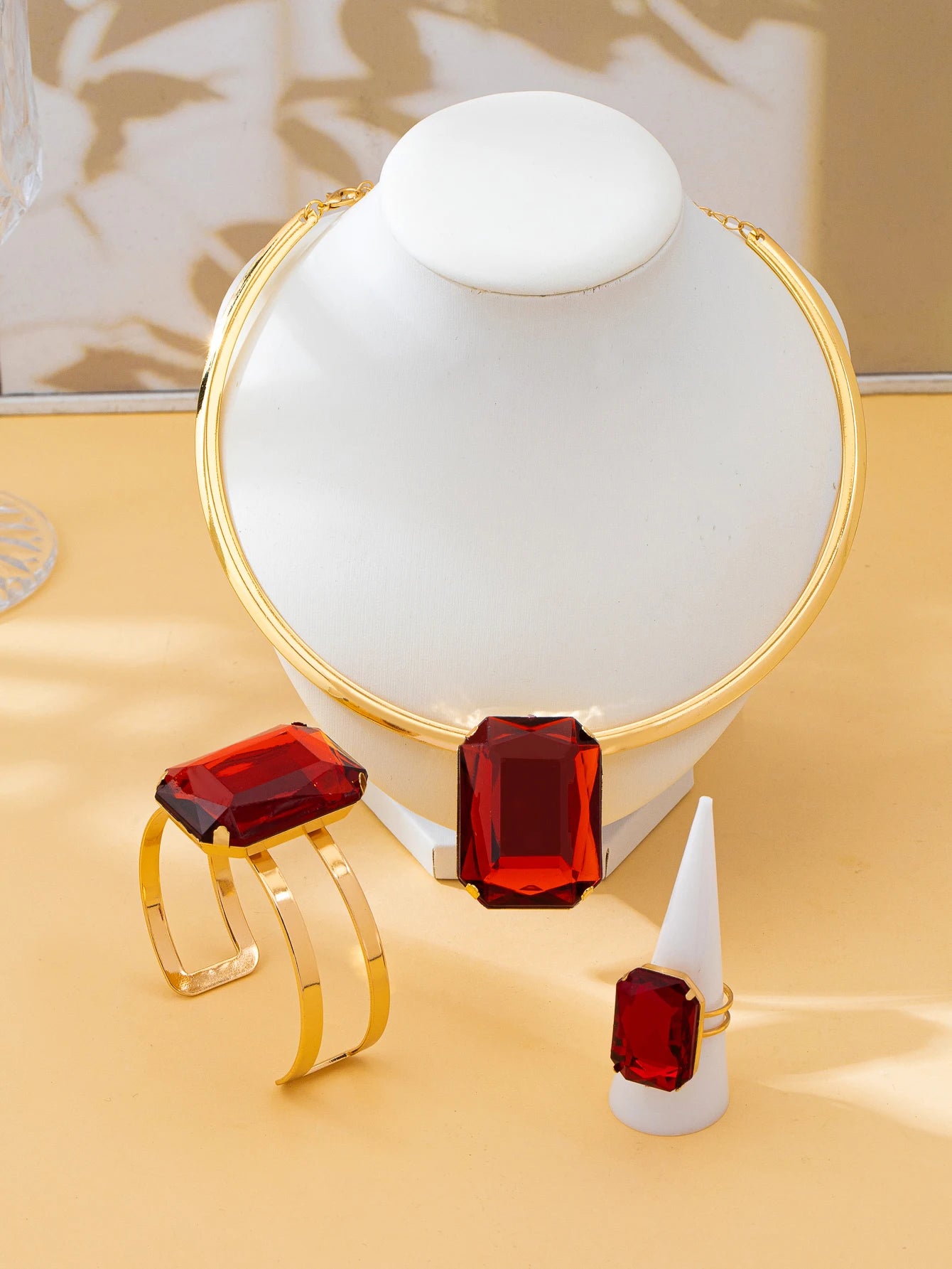 Luxury Red Gemstone Jewelry Set – Necklace, Bracelet & Ring | Elegant 3-Piece Women's Gift Set