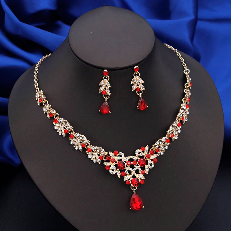 Elegant Red Bridal Necklace & Earrings Set