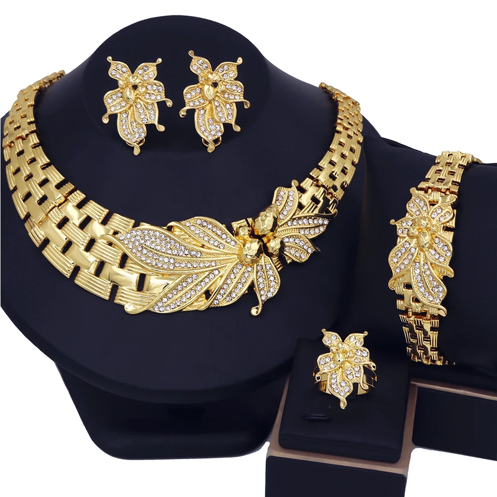 Luxury 18K Gold Plated 4-Piece Floral Jewelry Set – Choker Necklace, Bracelet, Earrings & Ring