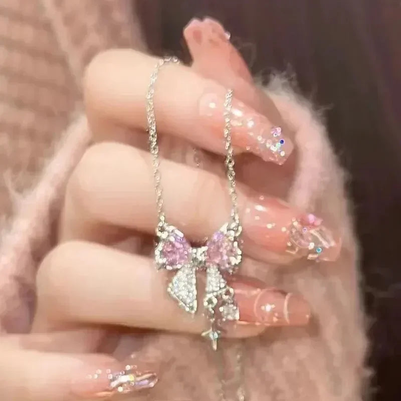 Pink Crystal Bow Necklace & Ring Set – Elegant Bowknot Jewelry Gift for Women