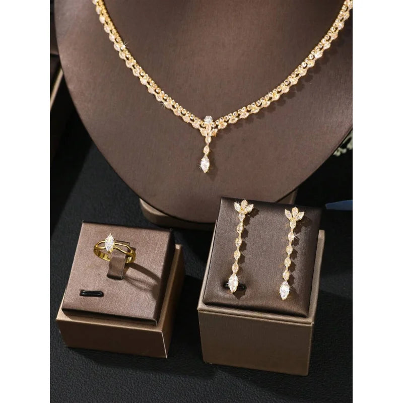 Luxury 5-Piece Zirconia Bridal Jewelry Set – Crystal Necklace, Earrings, Bracelet & Ring