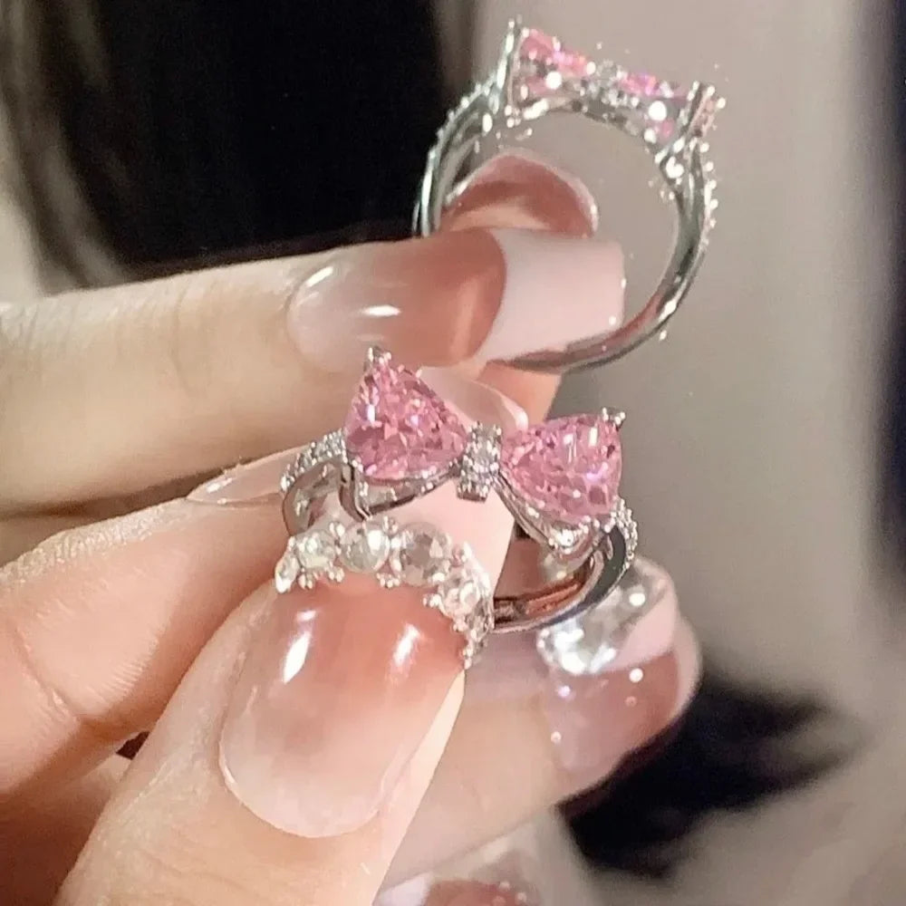 Pink Crystal Bow Necklace & Ring Set – Elegant Bowknot Jewelry Gift for Women