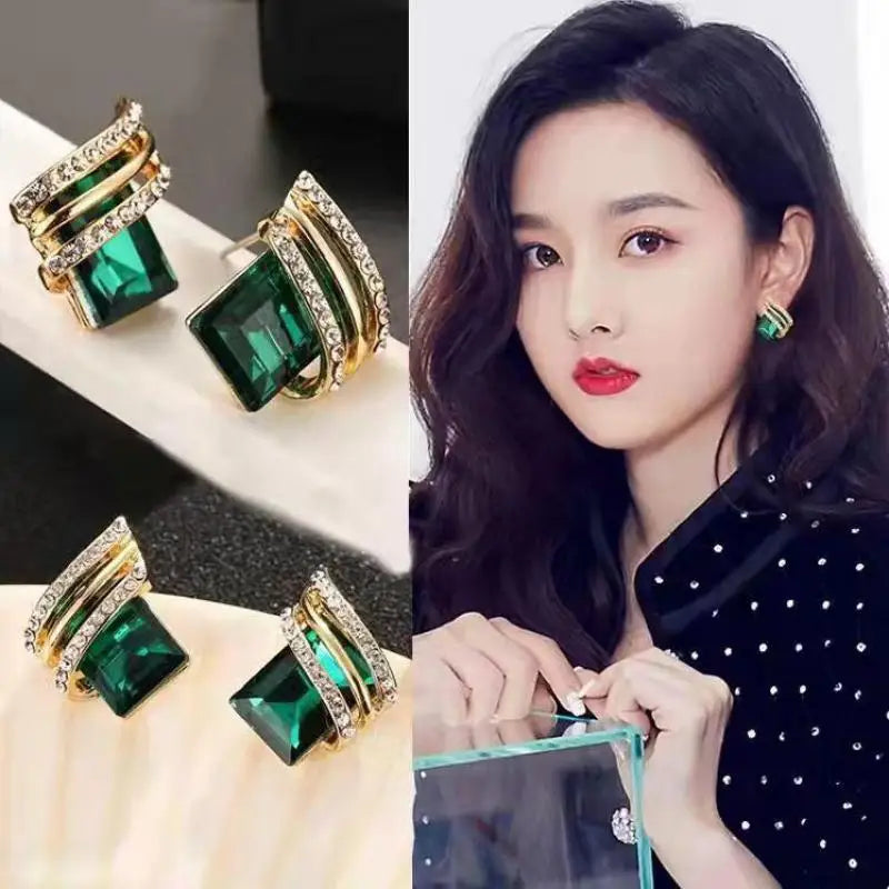 Luxury four Colors Red, Green, Black, Blue Geometric Crystal Drop Earrings for Women | Gold-Tone Statement Jewelry