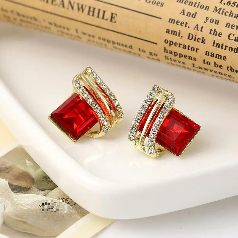Luxury four Colors Red, Green, Black, Blue Geometric Crystal Drop Earrings for Women | Gold-Tone Statement Jewelry