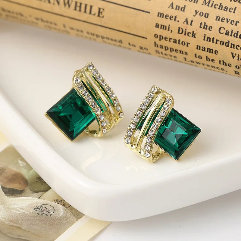 Luxury four Colors Red, Green, Black, Blue Geometric Crystal Drop Earrings for Women | Gold-Tone Statement Jewelry