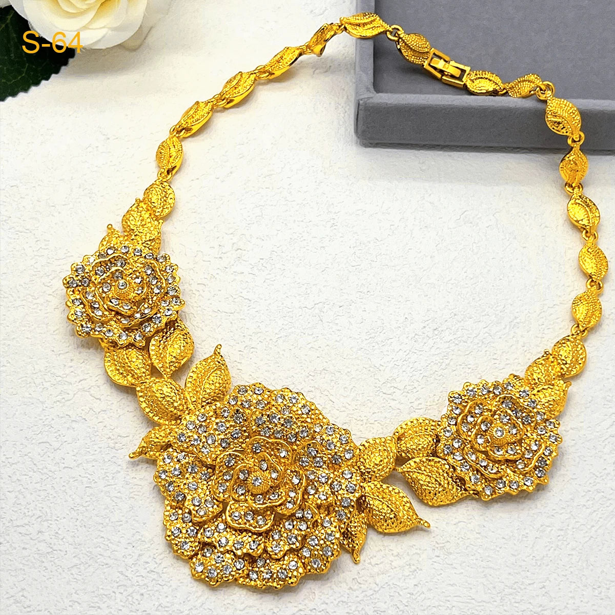 Luxury Gold-Plated Floral Jewelry Set for Women – Necklace, Earrings & Ring, 24k Gold Plated