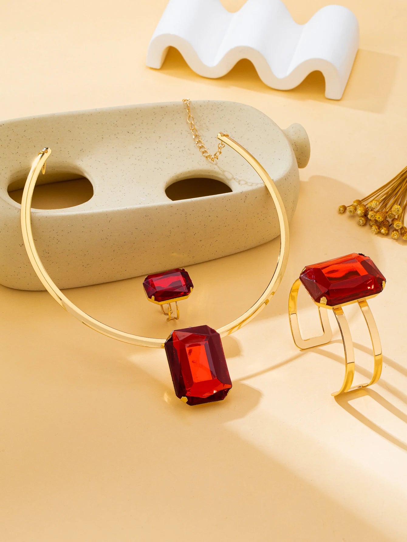 Luxury Red Gemstone Jewelry Set – Necklace, Bracelet & Ring | Elegant 3-Piece Women's Gift Set