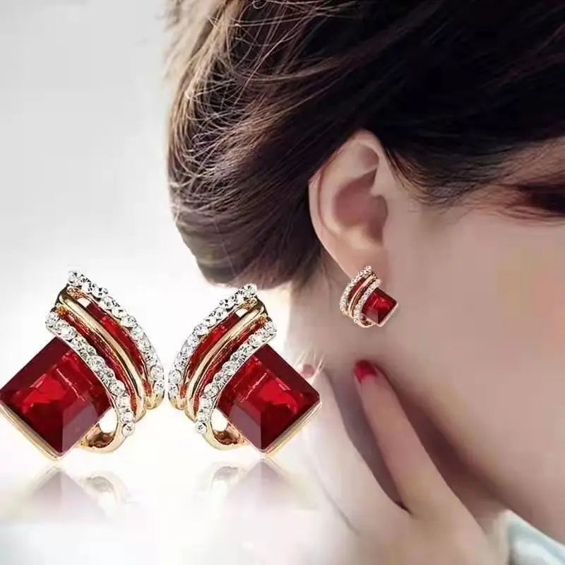 Luxury four Colors Red, Green, Black, Blue Geometric Crystal Drop Earrings for Women | Gold-Tone Statement Jewelry