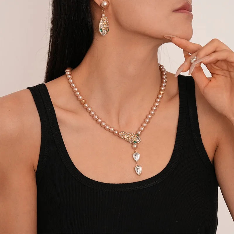 Luxury Rhinestone & Imitation Pearl Jewelry Set – Snake Chain Necklace & Drop Earrings for Women