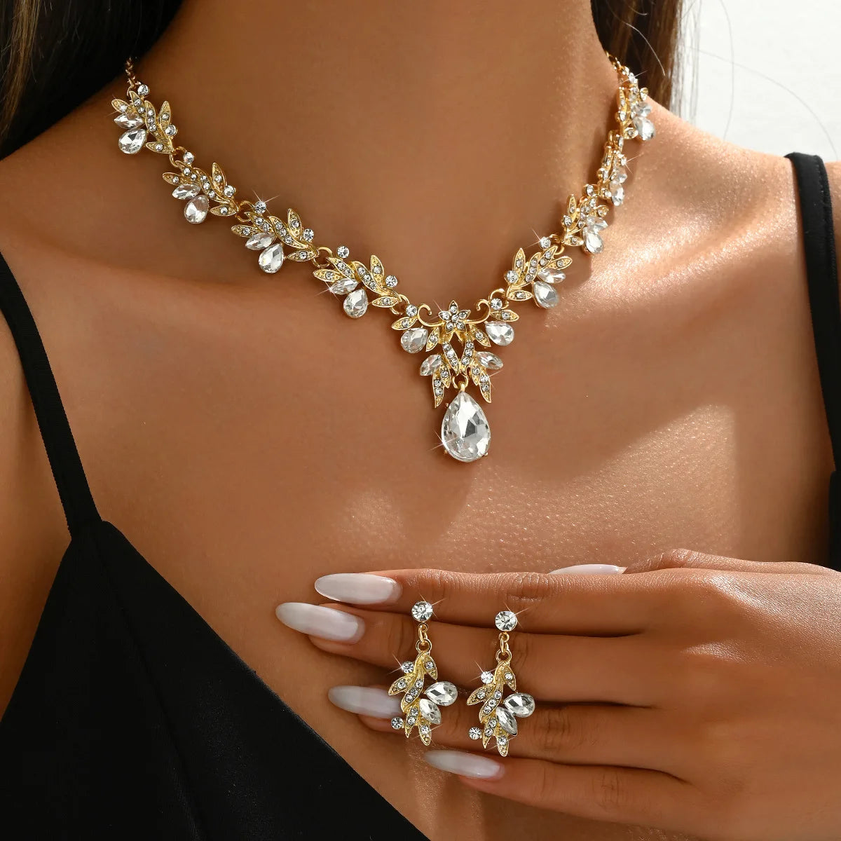 Luxury Crystal Bridal Jewelry Set – Necklace, Earrings & Ring | Wedding & Evening Elegance