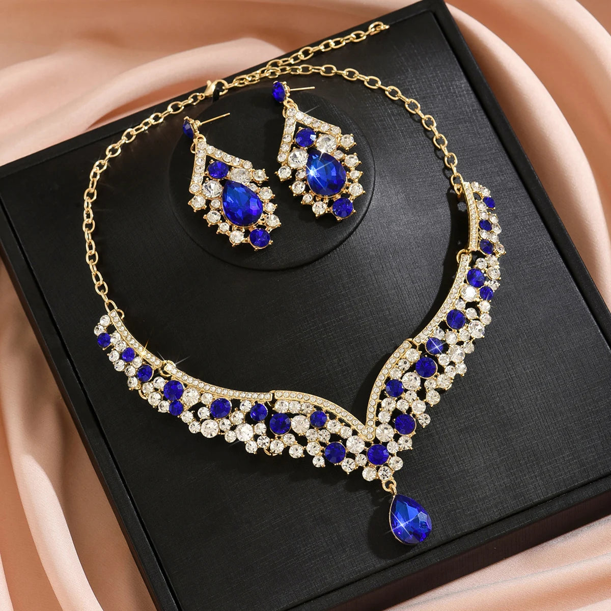 Luxury Crystal Necklace & Earrings Jewelry Set – Gold Tone Bridal Wedding Party Jewelry