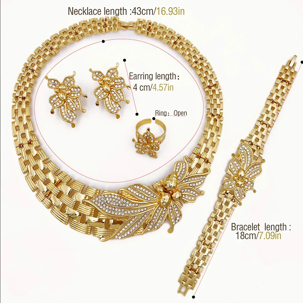 Luxury 18K Gold Plated 4-Piece Floral Jewelry Set – Choker Necklace, Bracelet, Earrings & Ring