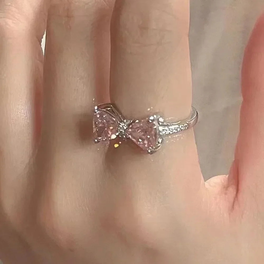 Pink Crystal Bow Necklace & Ring Set – Elegant Bowknot Jewelry Gift for Women