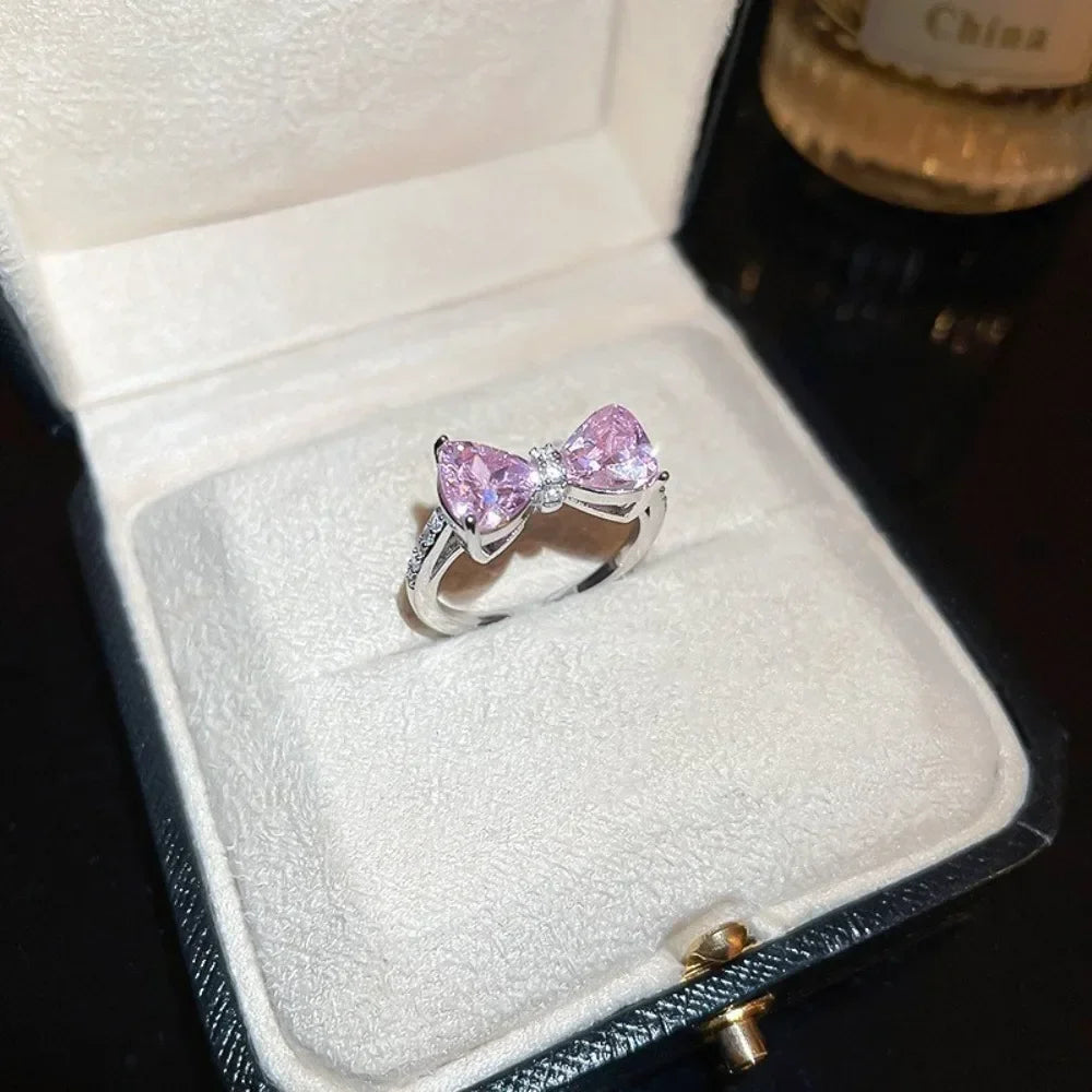 Pink Crystal Bow Necklace & Ring Set – Elegant Bowknot Jewelry Gift for Women