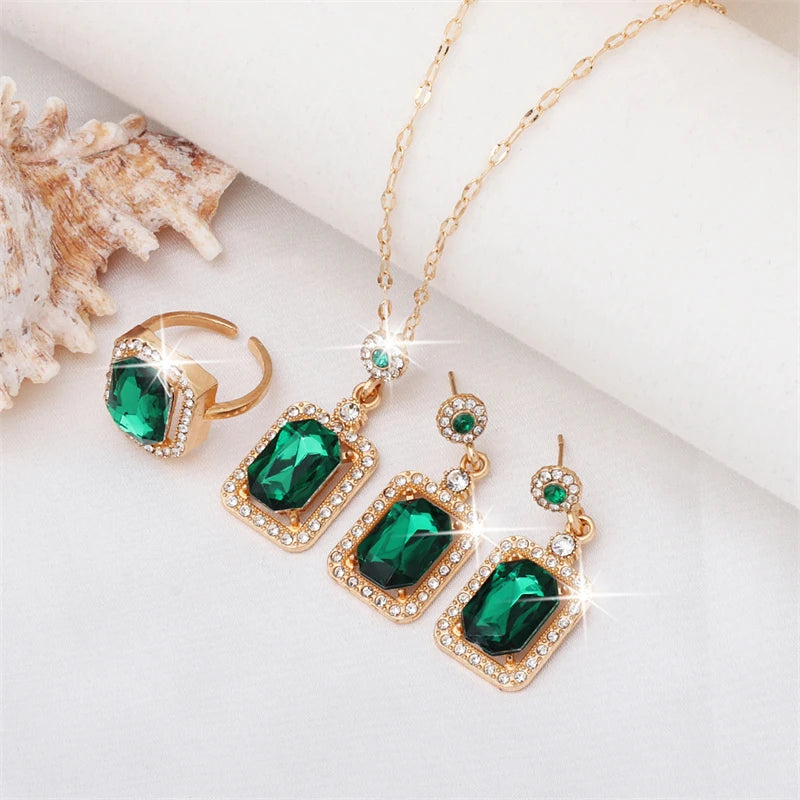 Emerald Green Crystal Jewelry Set – Square Rhinestone Necklace, Earrings Ring Luxury Gold Women’s Set