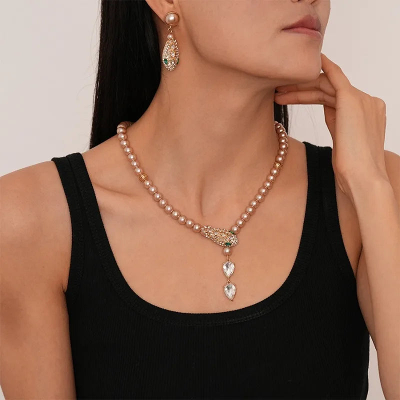 Luxury Rhinestone & Imitation Pearl Jewelry Set – Snake Chain Necklace & Drop Earrings for Women