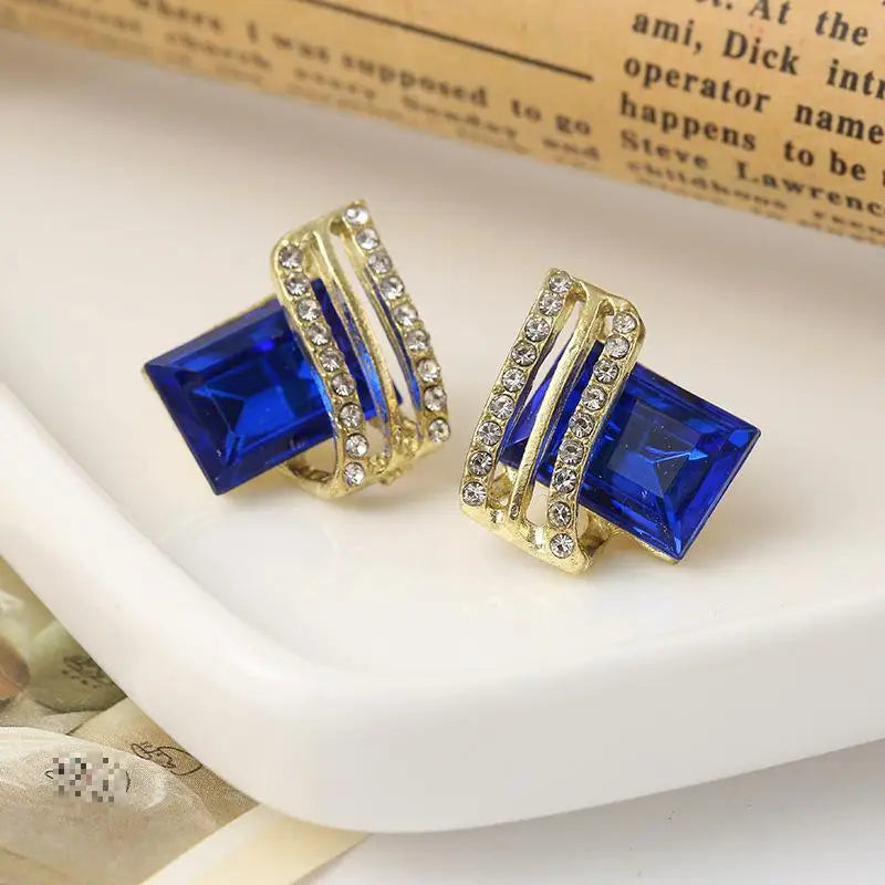Luxury four Colors Red, Green, Black, Blue Geometric Crystal Drop Earrings for Women | Gold-Tone Statement Jewelry