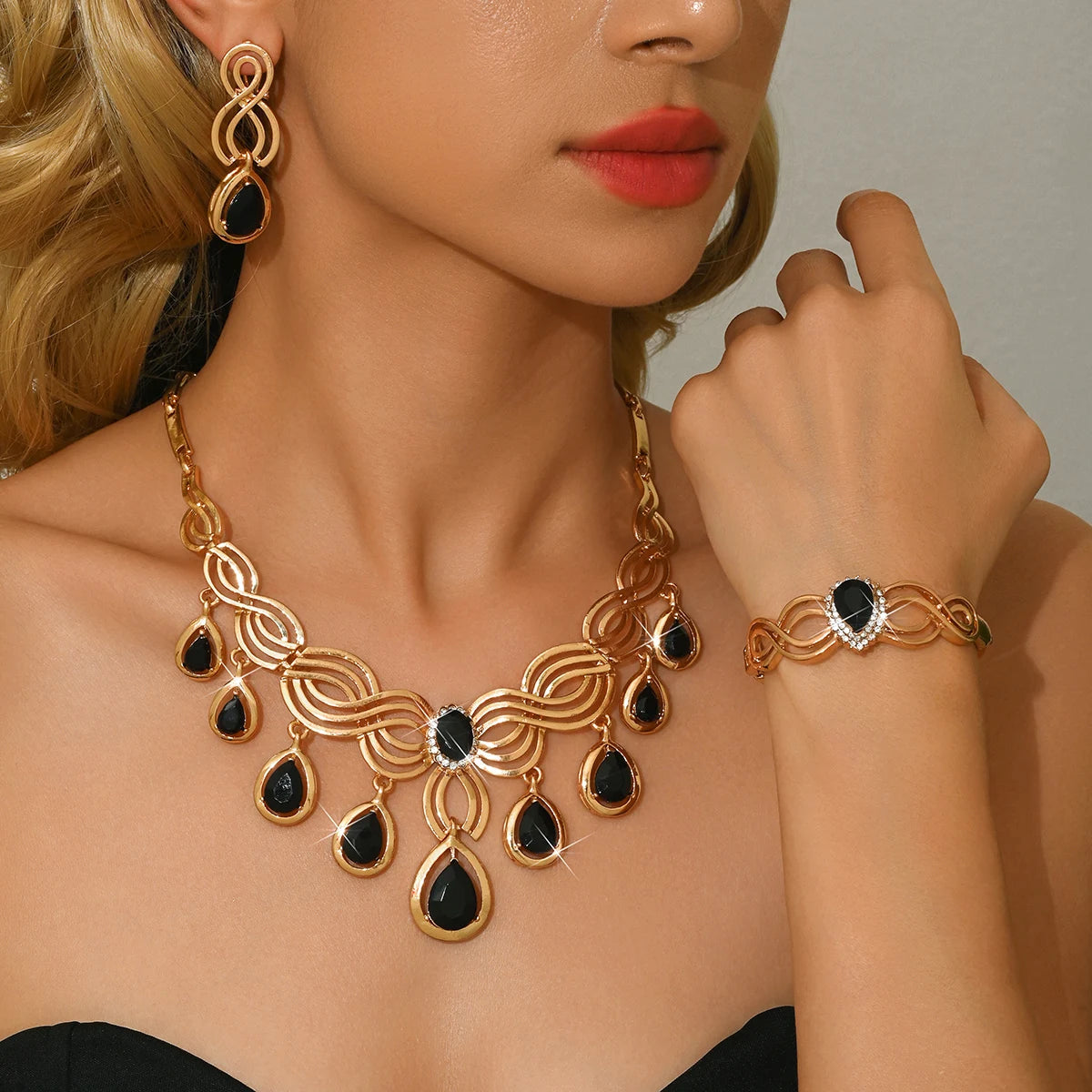 Luxury Crystal Jewelry Set | Red & Black