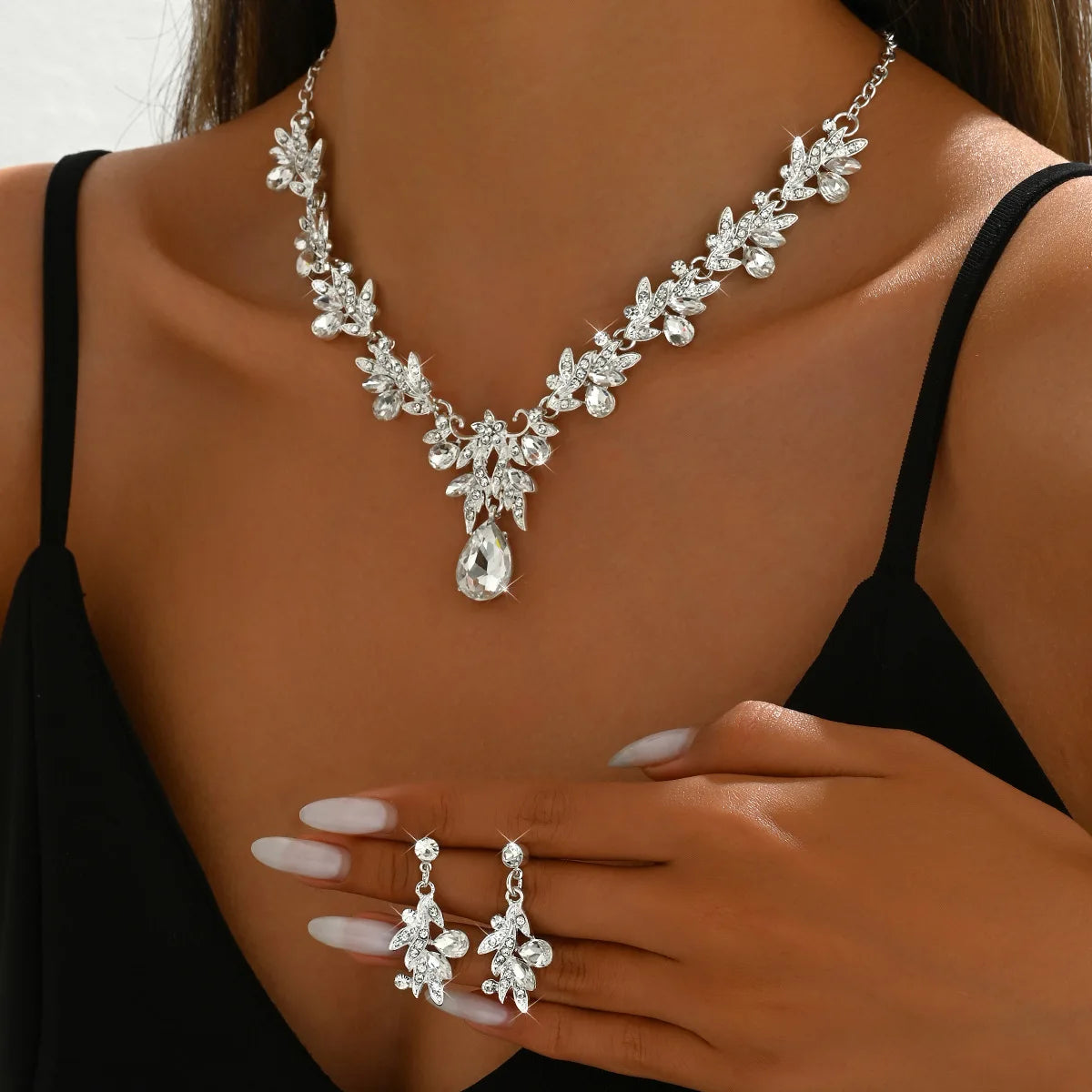 Luxury Crystal Bridal Jewelry Set – Necklace, Earrings & Ring | Wedding & Evening Elegance