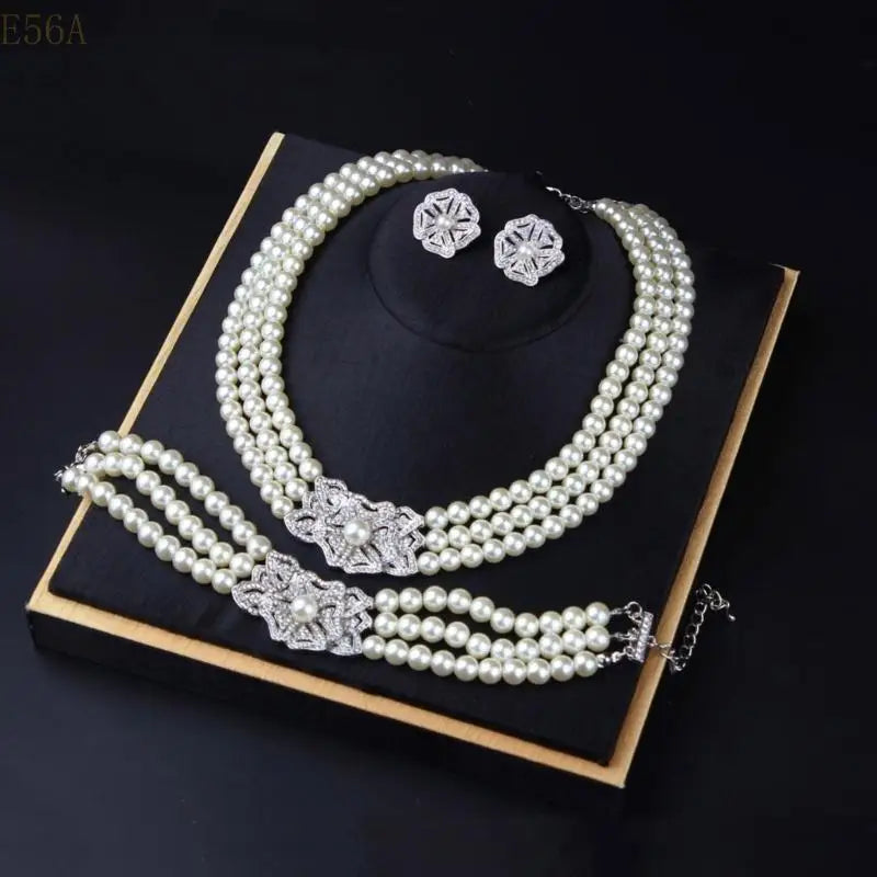 Luxury Pearl & Crystal Jewelry Set – Necklace, Bracelet & Earrings for Women | Elegant Wedding & Bridal Gift