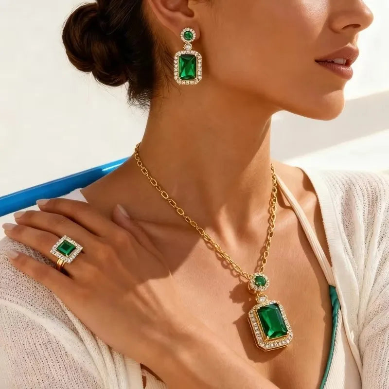 Emerald Green Crystal Jewelry Set – Square Rhinestone Necklace, Earrings Ring Luxury Gold Women’s Set