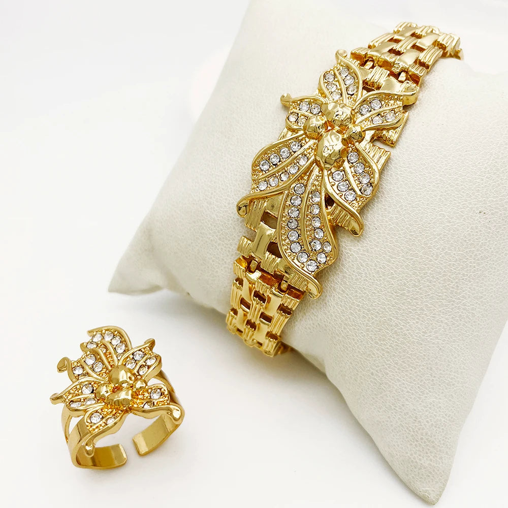 Luxury 18K Gold Plated 4-Piece Floral Jewelry Set – Choker Necklace, Bracelet, Earrings & Ring