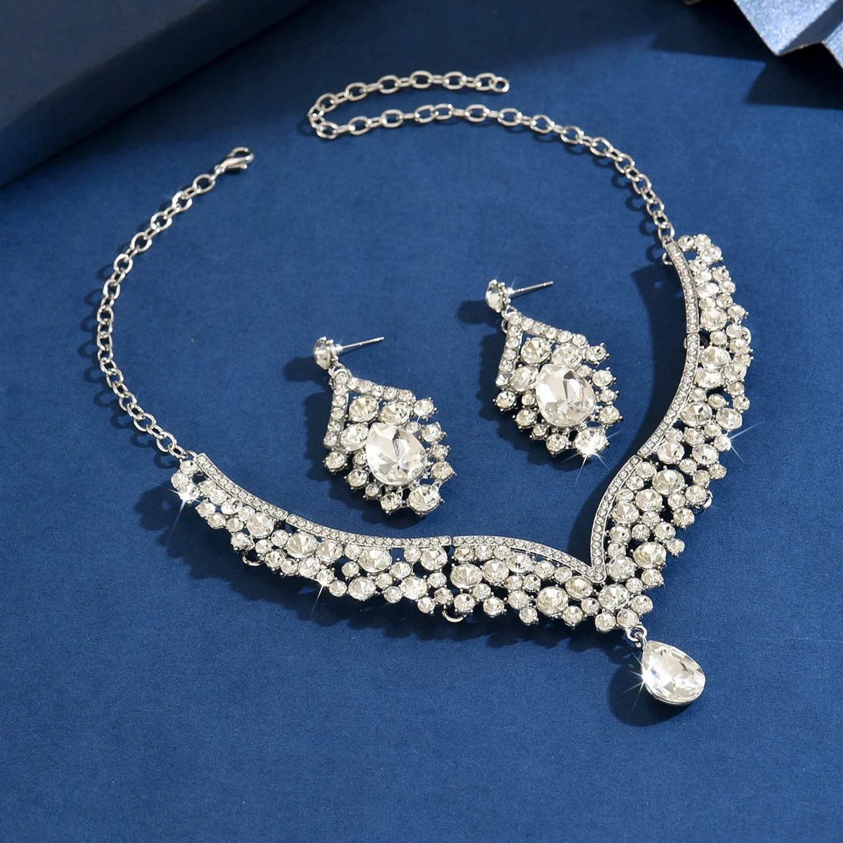 Luxury Crystal Necklace & Earrings Jewelry Set – Gold Tone Bridal Wedding Party Jewelry