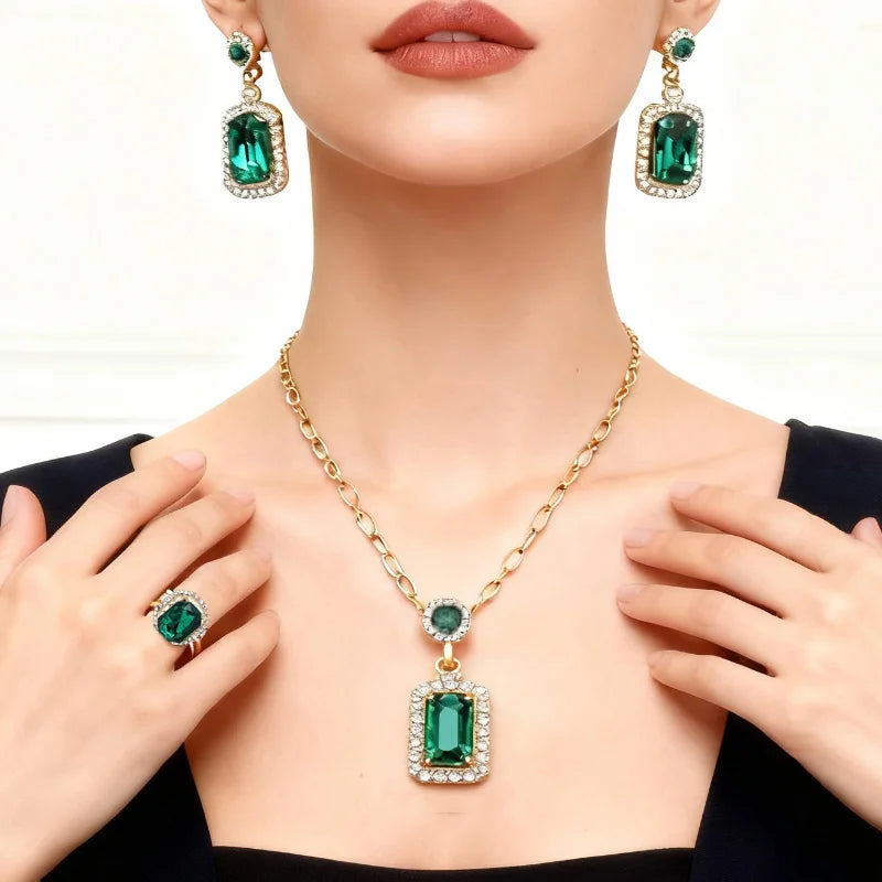 Emerald Green Crystal Jewelry Set – Square Rhinestone Necklace, Earrings Ring Luxury Gold Women’s Set