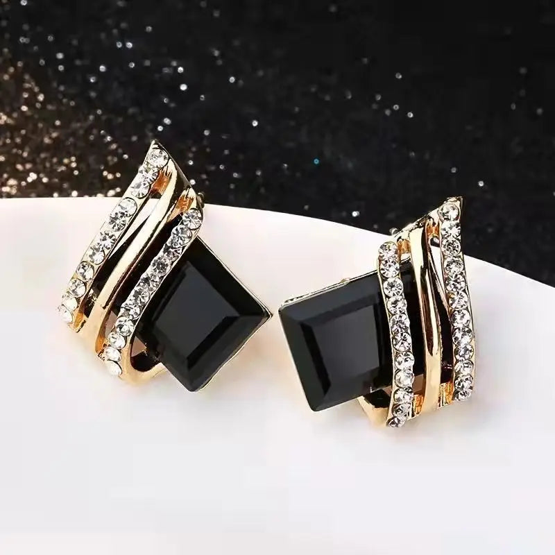 Luxury four Colors Red, Green, Black, Blue Geometric Crystal Drop Earrings for Women | Gold-Tone Statement Jewelry