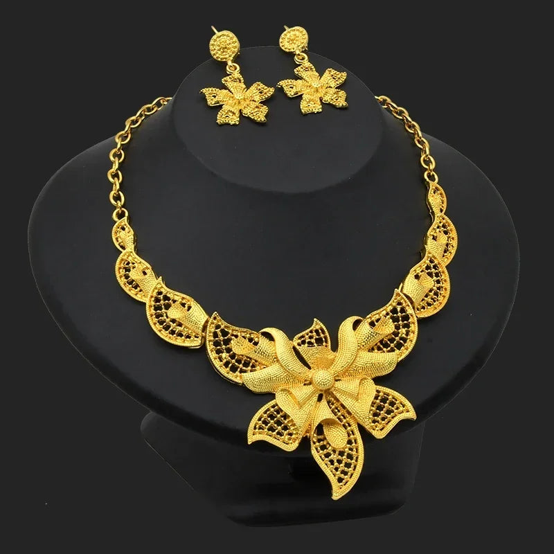 Dubai Flower Necklace & Earrings Set – 24K Gold Color Luxury Bridal Jewelry for Women
