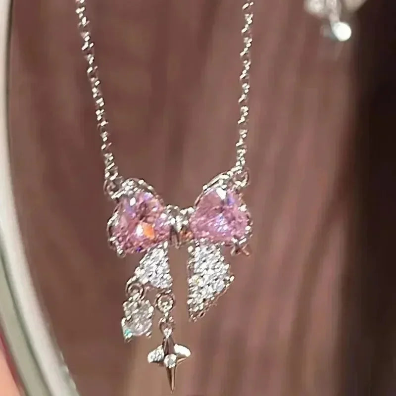 Pink Crystal Bow Necklace & Ring Set – Elegant Bowknot Jewelry Gift for Women