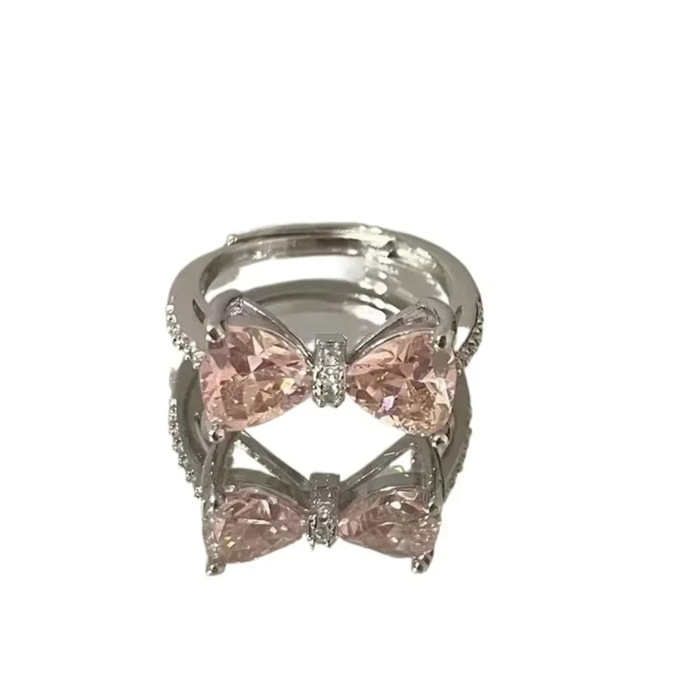 Pink Crystal Bow Necklace & Ring Set – Elegant Bowknot Jewelry Gift for Women