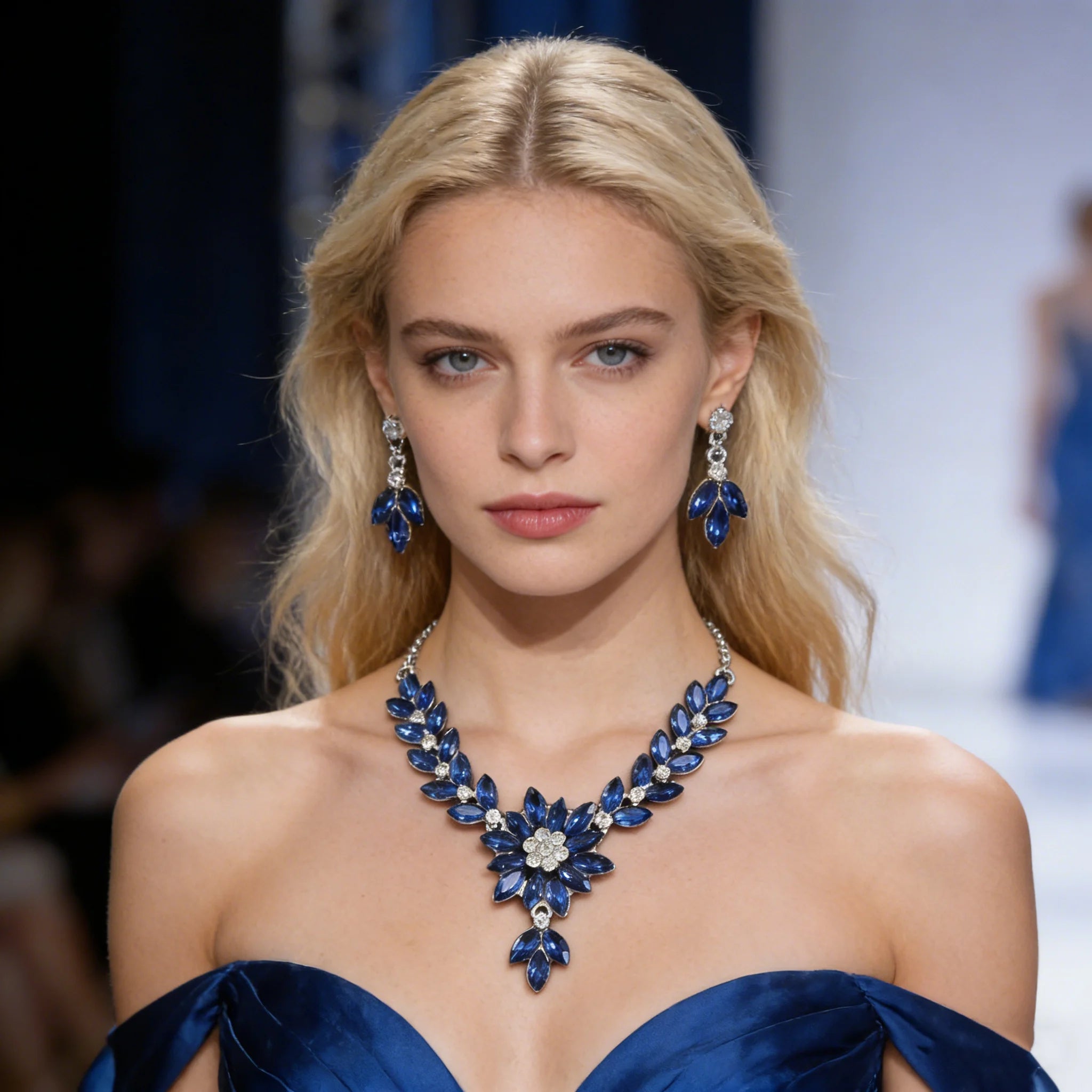 Luxury Blue/Red Sapphire Floral Jewelry Set Wedding Bridal Necklace & Drop Earrings